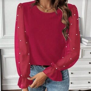 Chic Red Blouse with Sheer Sleeves